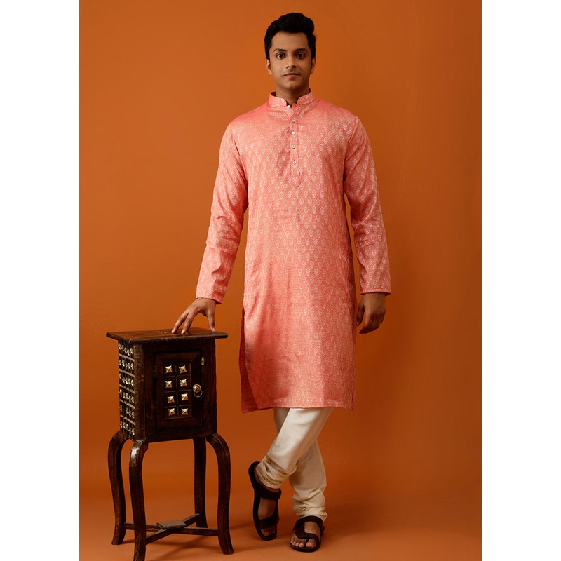 Orange Cotton Full Sleeves Mandarin Collar Long Kurta And Pajama Set - JD986582995