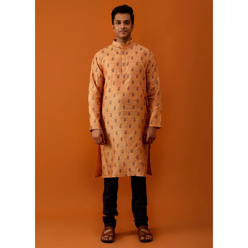 Orange Cotton Full Sleeves Mandarin Collar Long Kurta And Pajama Set - JD986582996