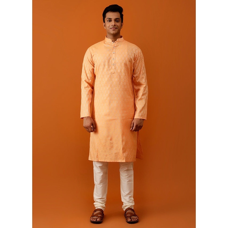 Orange Cotton Full Sleeves Mandarin Collar Long Kurta And Pajama Set - JD986582997