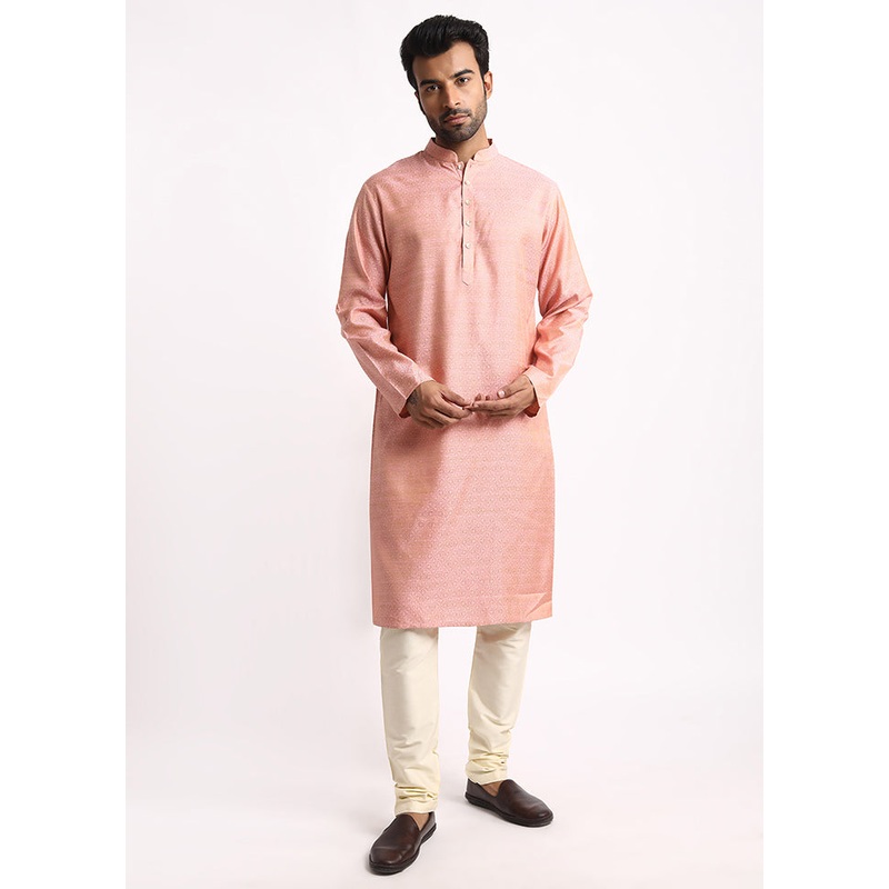 Peach Cotton Full Sleeves Mandarin Collar Long Kurta And Pajama Set - JD986582992
