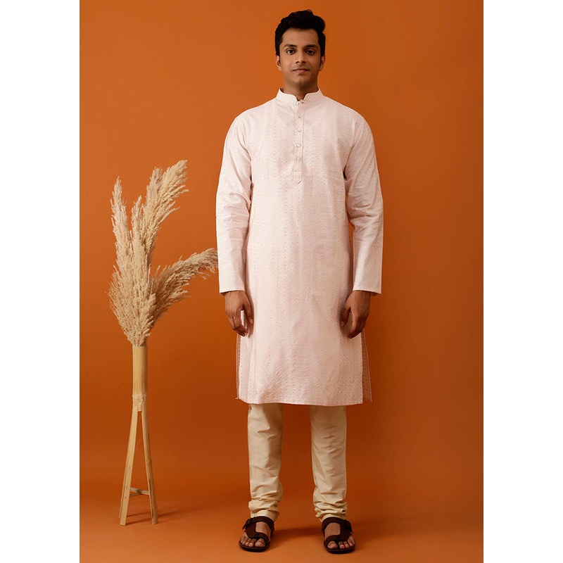 Peach Cotton Full Sleeves Mandarin Collar Long Kurta And Pajama Set - JD986582993