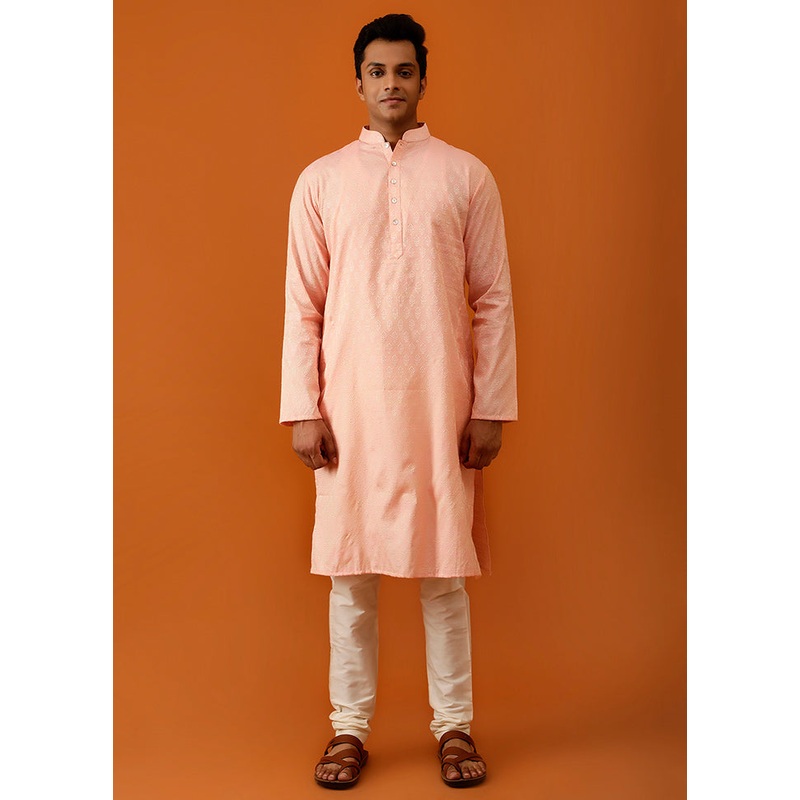 Pink Cotton Full Sleeves Mandarin Collar Long Kurta And Pajama Set - JD986582989
