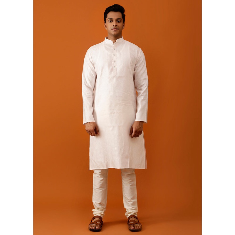 Pink Cotton Full Sleeves Mandarin Collar Long Kurta And Pajama Set - JD986582990