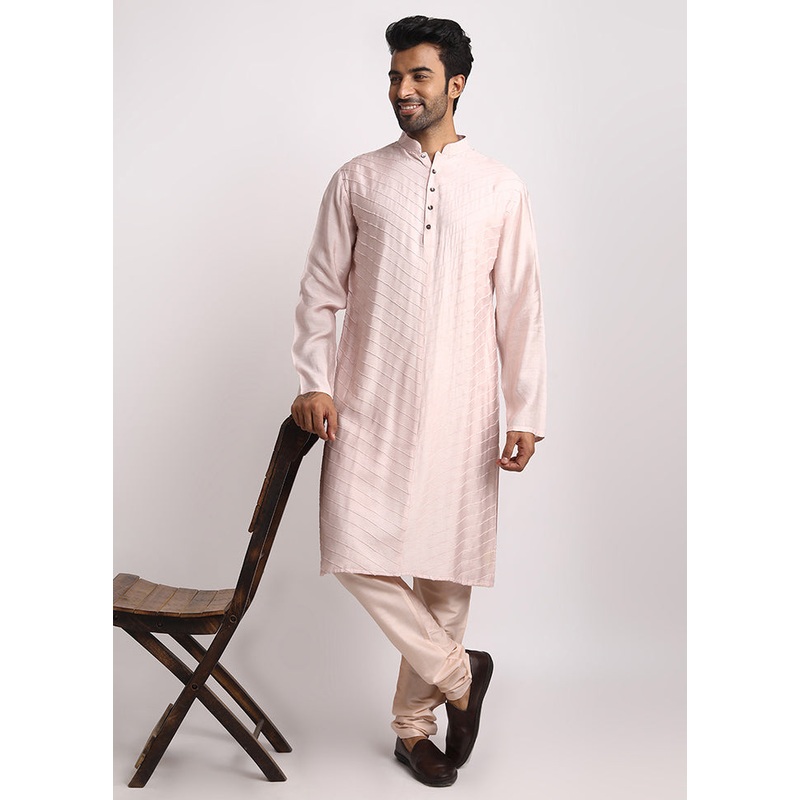 Pink Dupion Silk Full Sleeves Mandarin Collar Long Kurta And Pajama Set - JD986582988
