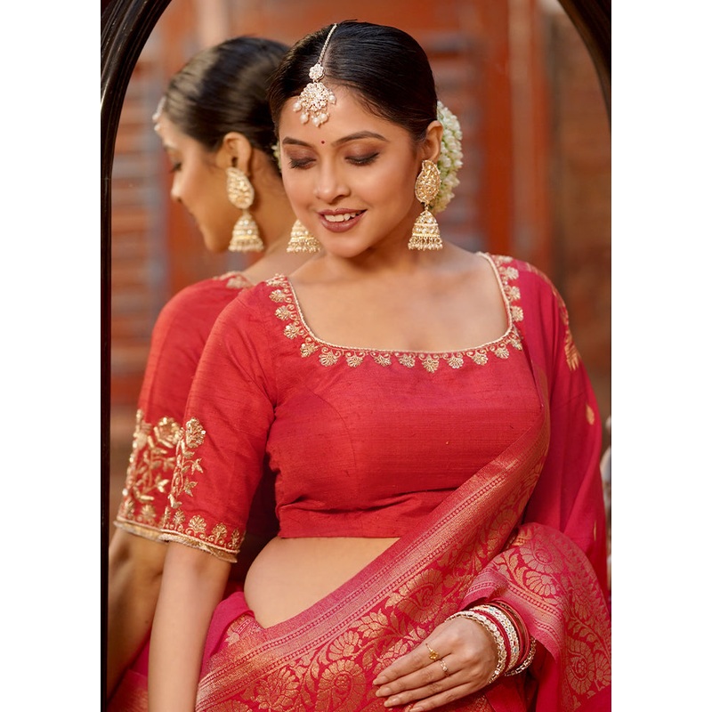 Red Pure Silk Designer Blouse - JD986583068