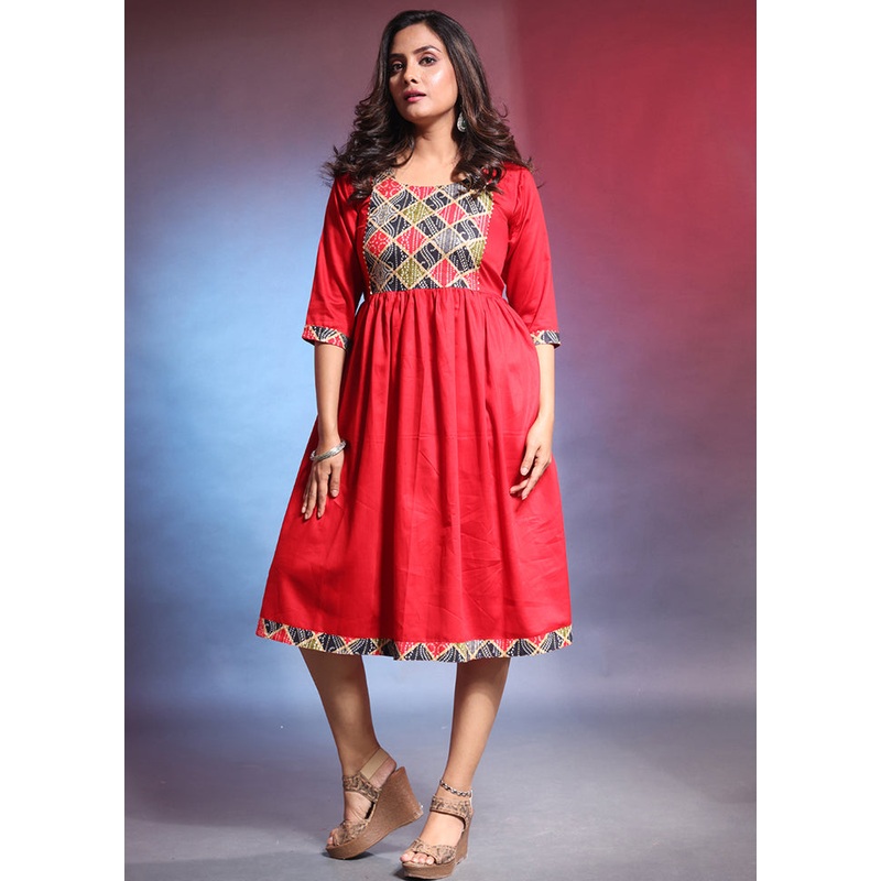 Red Readymade Cotton Indian Dress - JD986583099