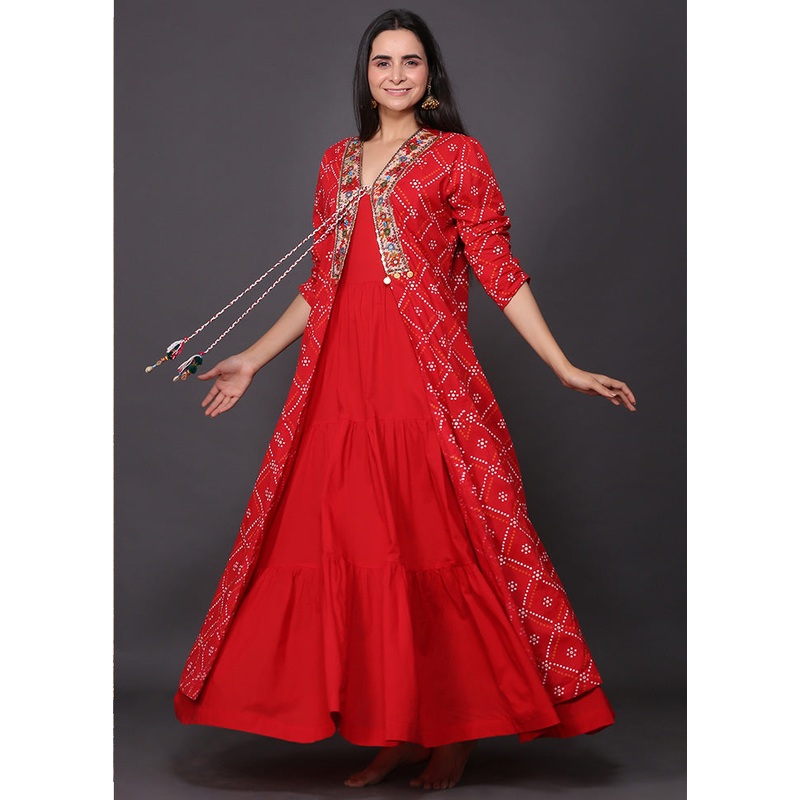 Red Readymade Cotton With Jacket Indian Dress - JD986583136