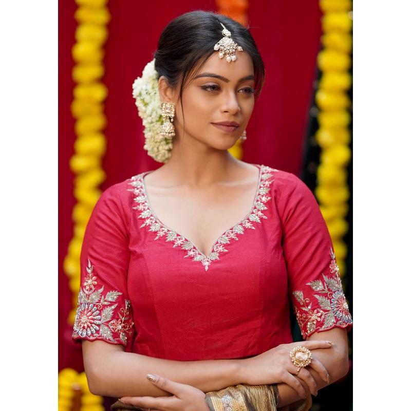 Red Silk Designer Blouse - JD986583065