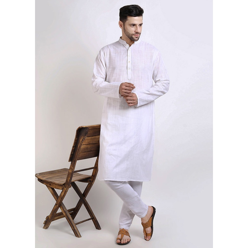 White Cotton Full Sleeves Mandarin Collar Long Kurta And Pajama Set - JD986582983