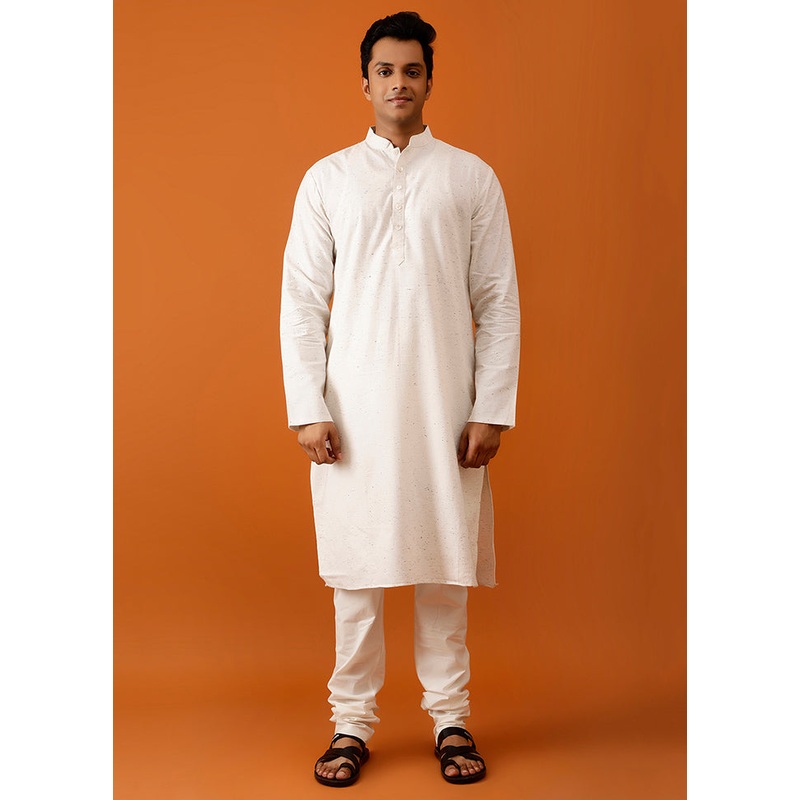 White Cotton Full Sleeves Mandarin Collar Long Kurta And Pajama Set - JD986582984