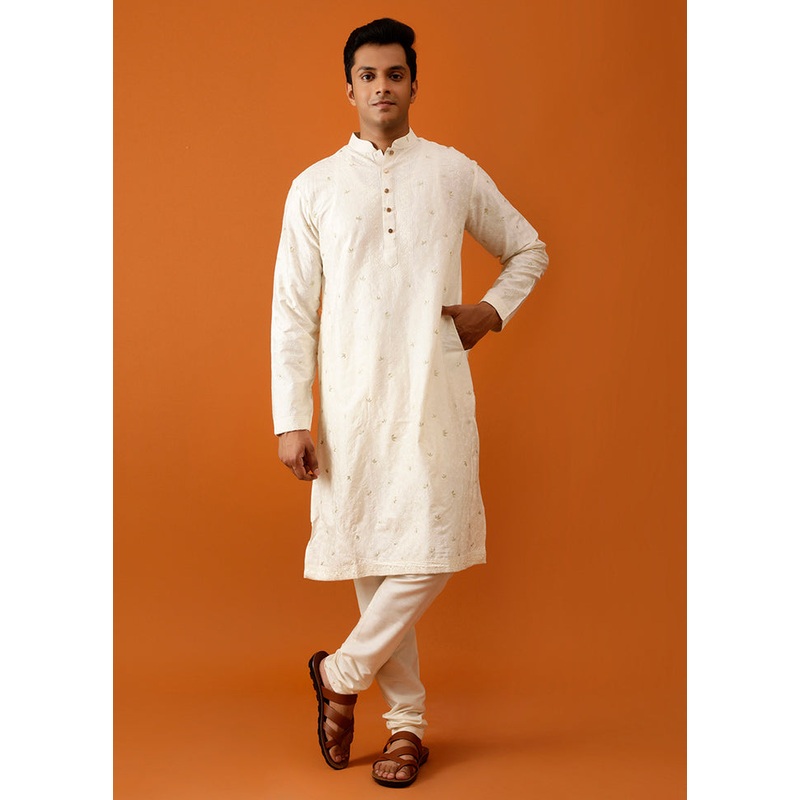 White Cotton Full Sleeves Mandarin Collar Long Kurta And Pajama Set - JD986582985