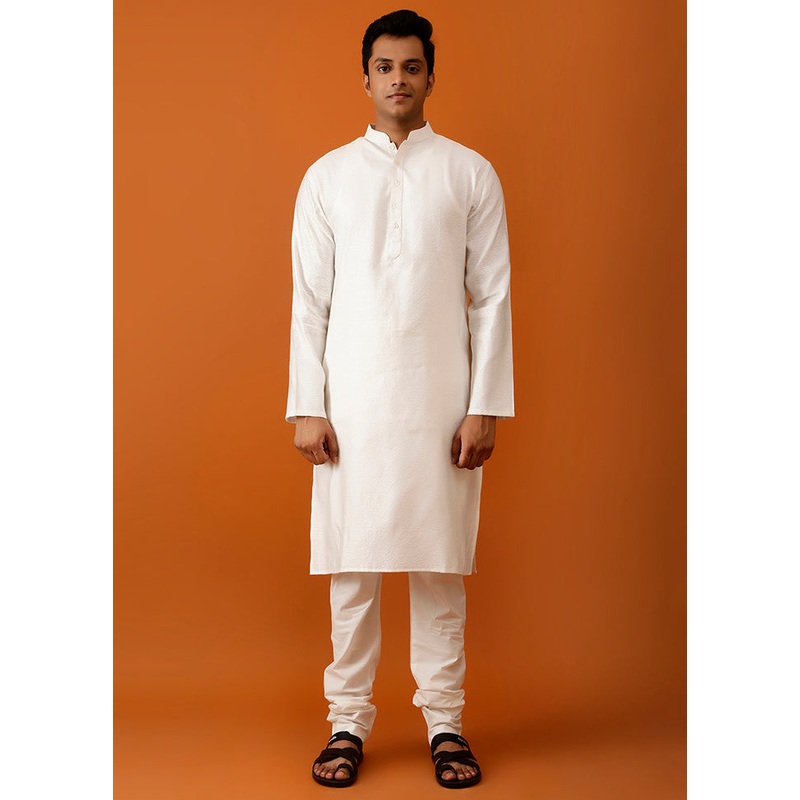 White Cotton Full Sleeves Mandarin Collar Long Kurta And Pajama Set - JD986582986