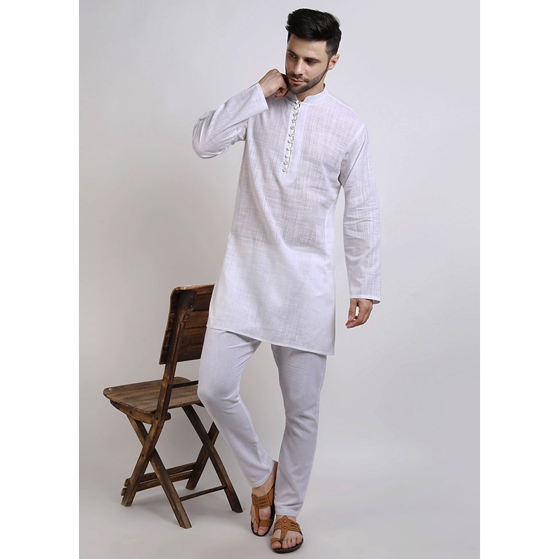 White Cotton Full Sleeves Mandarin Collar Mid Length Kurta - JD986582980
