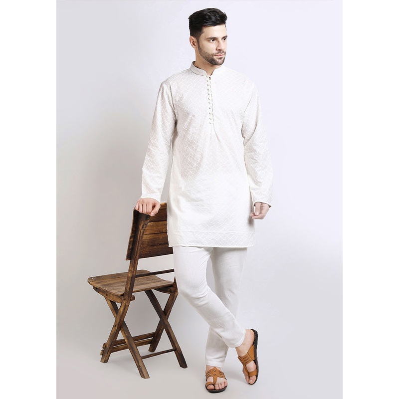 White Cotton Full Sleeves Mandarin Collar Mid Length Kurta - JD986582982