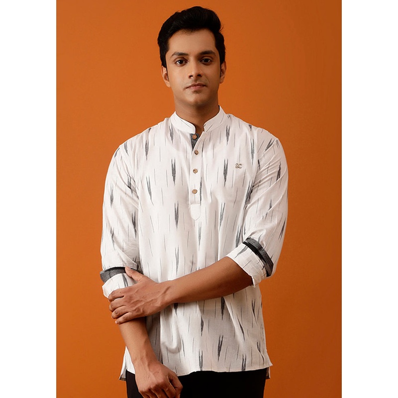 White Cotton Full Sleeves Mandarin Collar Short Kurta - JD986582978