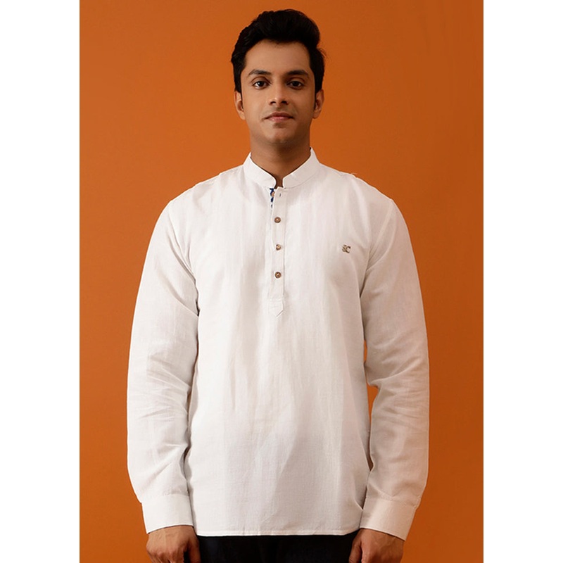 White Cotton Full Sleeves Mandarin Collar Short Kurta - JD986582979