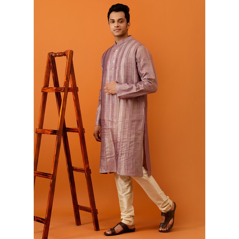 Wine Cotton Full Sleeves Mandarin Collar Long Kurta And Pajama Set - JD986582977