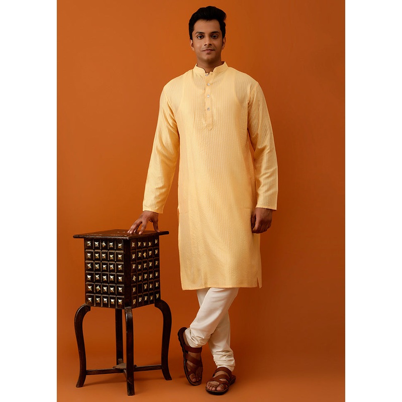 Yellow Cotton Full Sleeves Mandarin Collar Long Kurta And Pajama Set - JD986582975