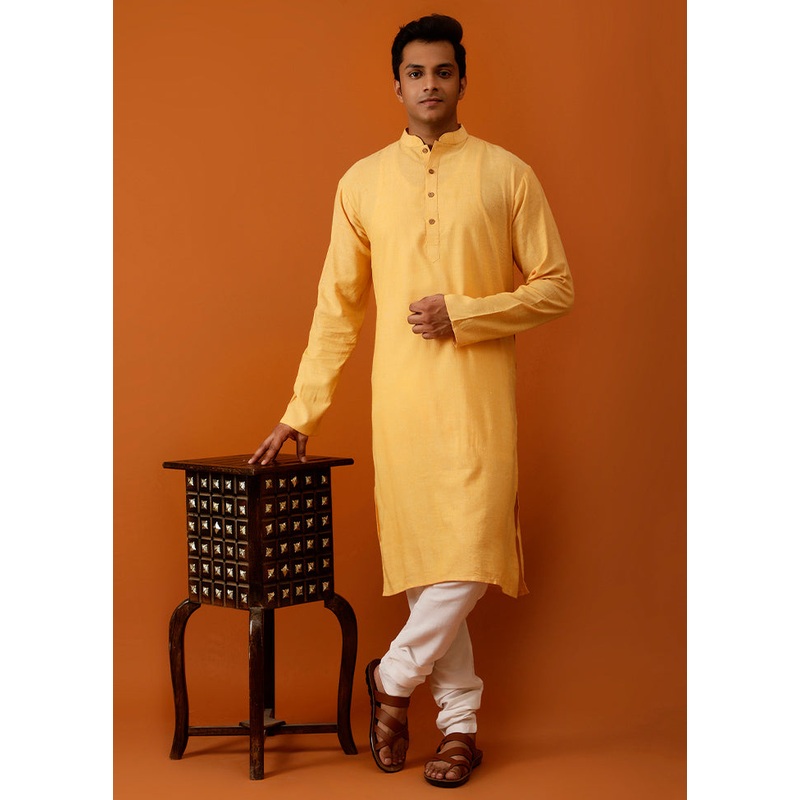 Yellow Cotton Full Sleeves Mandarin Collar Long Kurta And Pajama Set - JD986582976