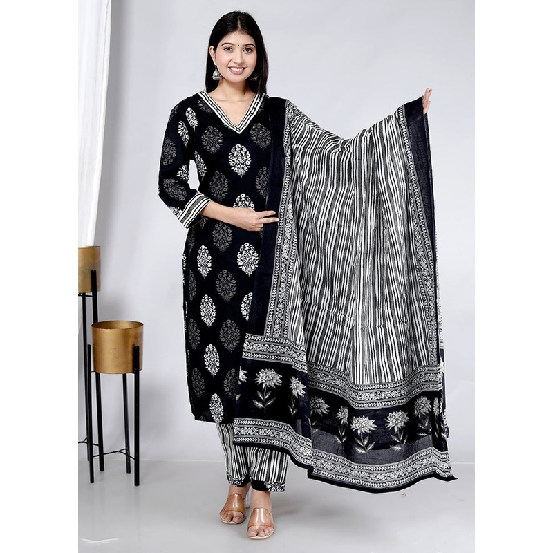 3 Pc Black Pure Readymade Cotton Suit Set - JD986582914