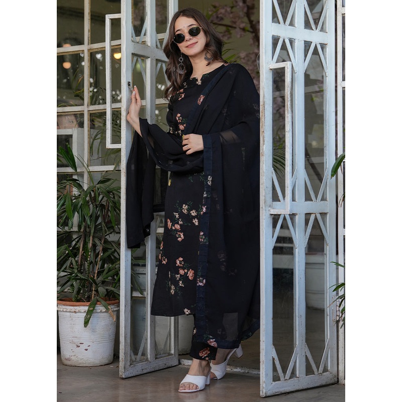 3 Pc Black Readymade Silk Suit Set - JD986582913