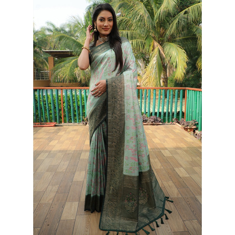 Aqua Dupion Silk Saree With Blouse Piece - JD986582927