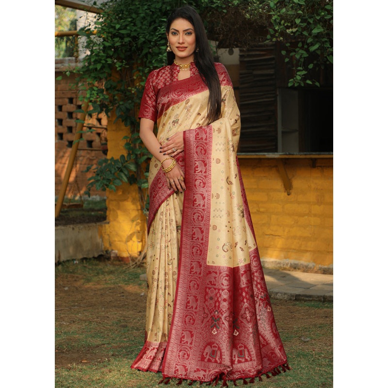 Cream Pure Dupion Silk Saree With Blouse Piece - JD986582970