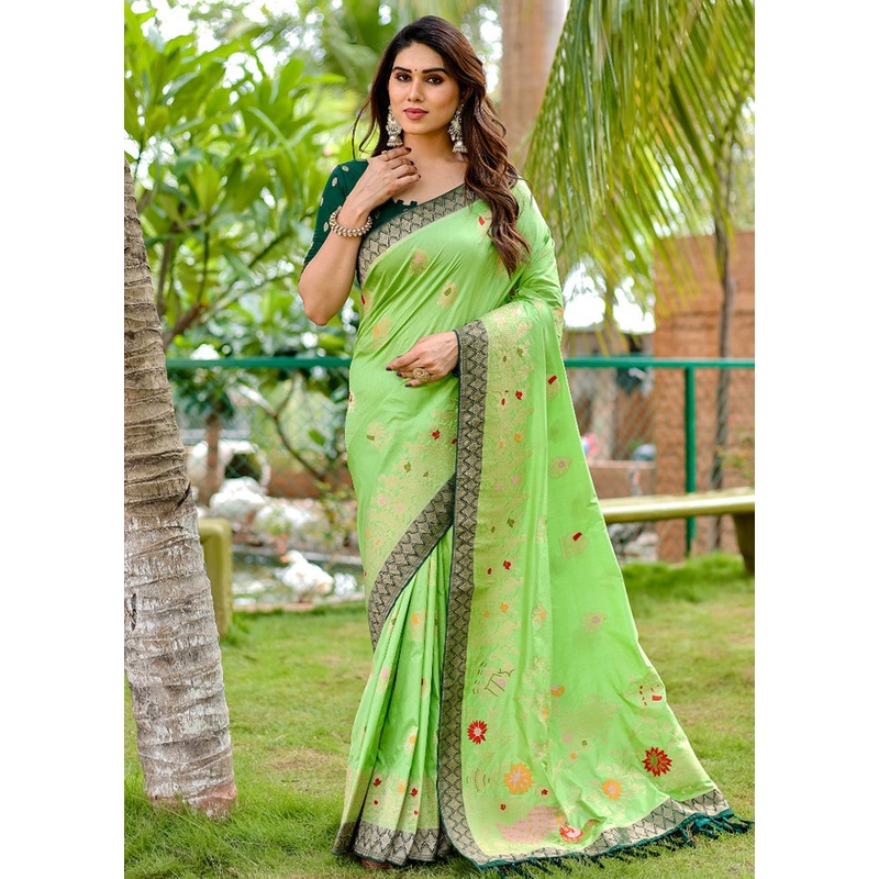 Green Dupion Silk Saree With Blouse Piece - JD986582967