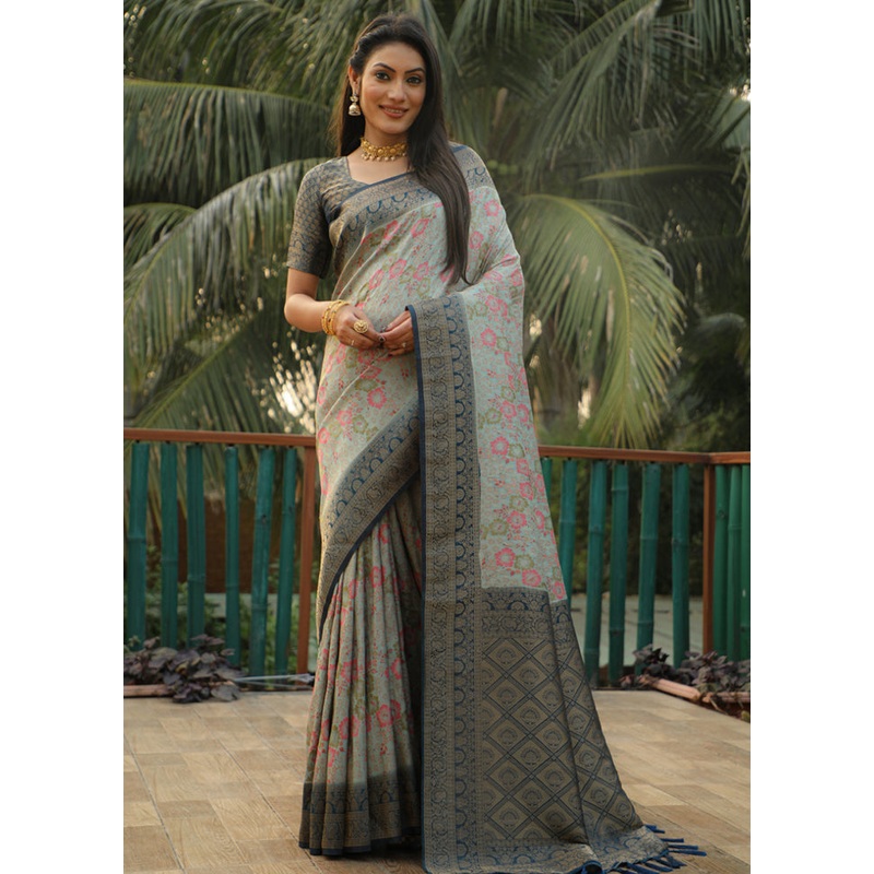 Grey Dupion Silk Saree With Blouse Piece - JD986582965