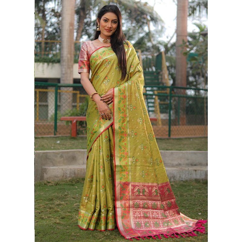 Mehendi Organza Saree With Blouse Piece - JD986582963