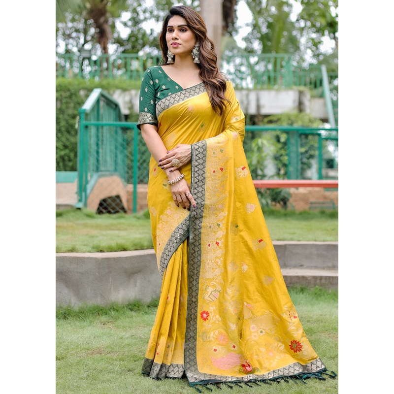 Mustard Dupion Silk Saree With Blouse Piece - JD986582947