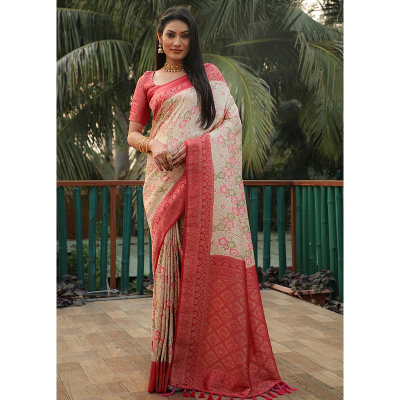 Off white Dupion Silk Saree With Blouse Piece - JD986582944