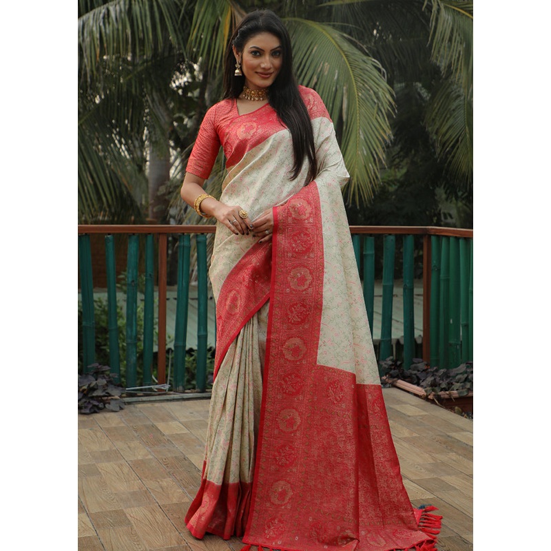 Off White Dupion Silk Saree With Blouse Piece - JD986582945