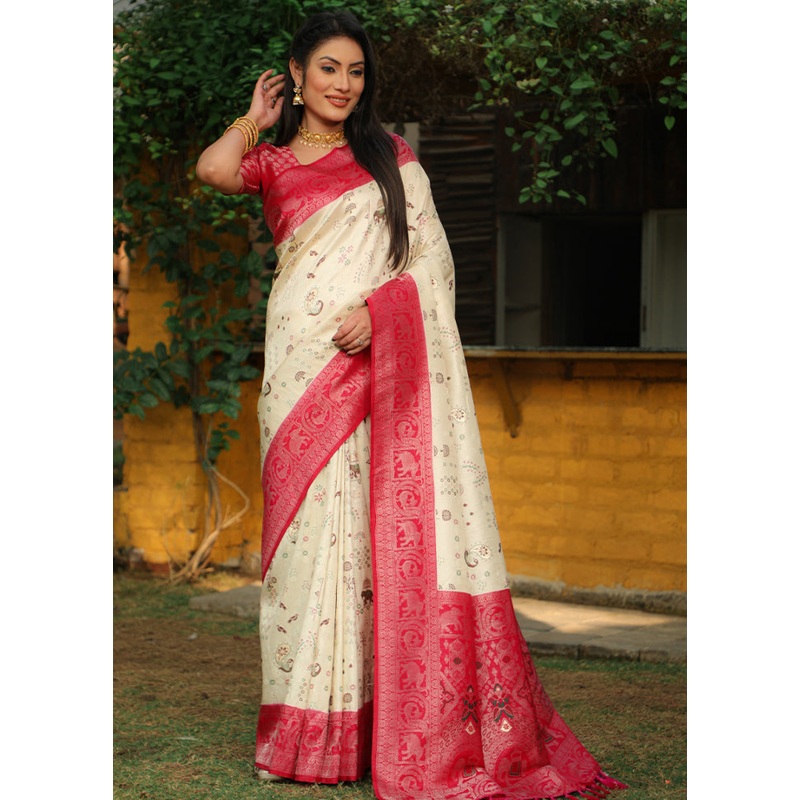 Off White Pure Dupion Silk Saree With Blouse Piece - JD986582943