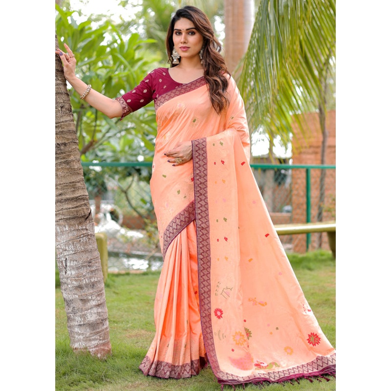 Peach Dupion Silk Saree With Blouse Piece - JD986582941