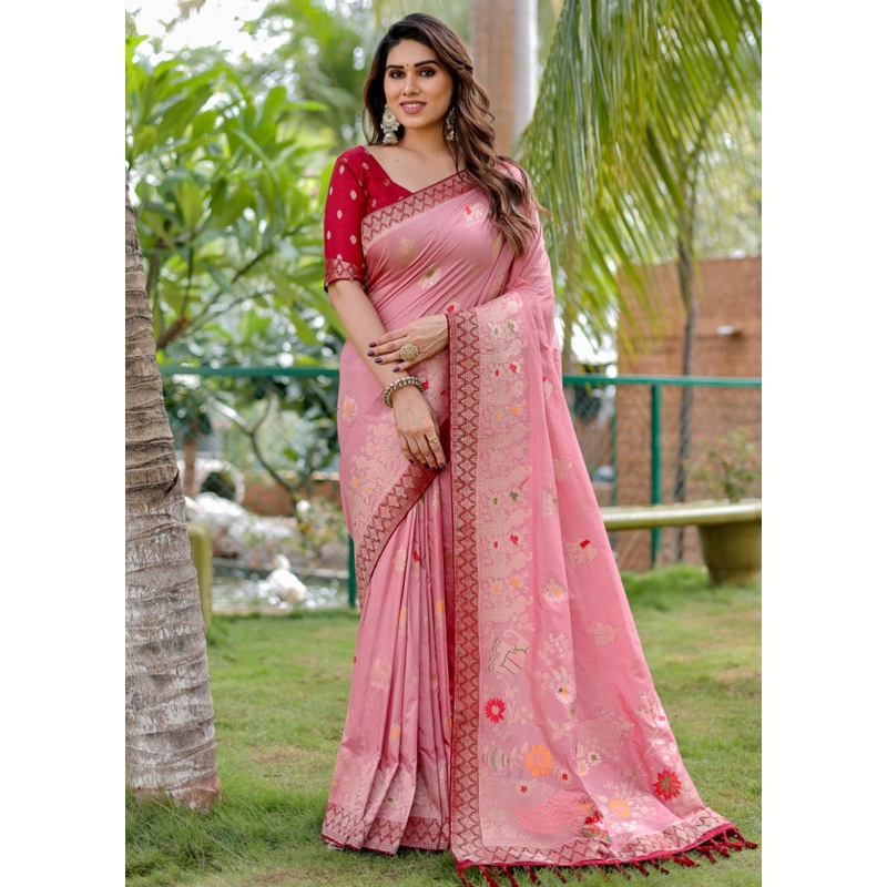 Pink Dupion Silk Saree With Blouse Piece - JD986582938