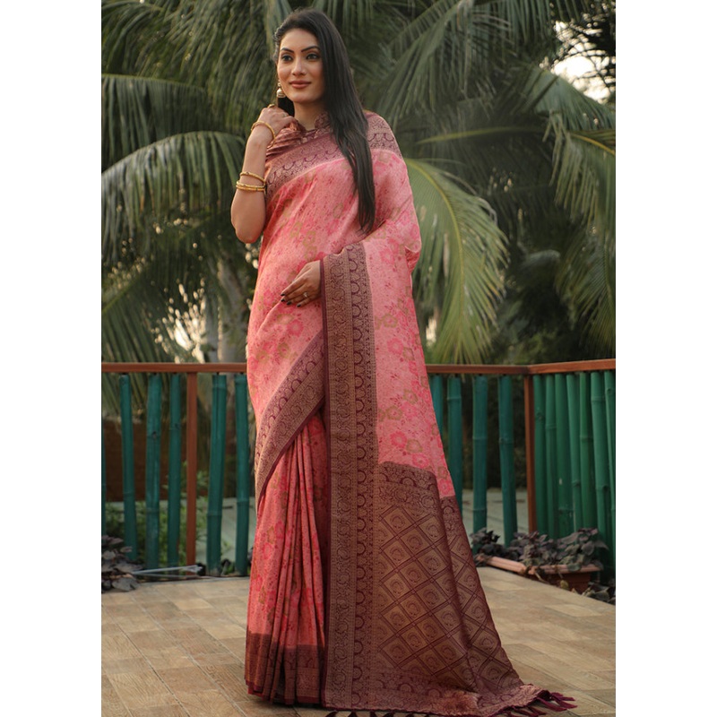 Pink Dupion Silk Saree With Blouse Piece - JD986582939