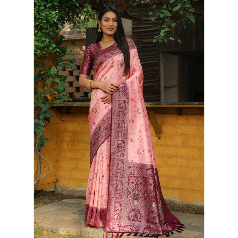 Pink Pure Dupion Silk Saree With Blouse Piece - JD986582936