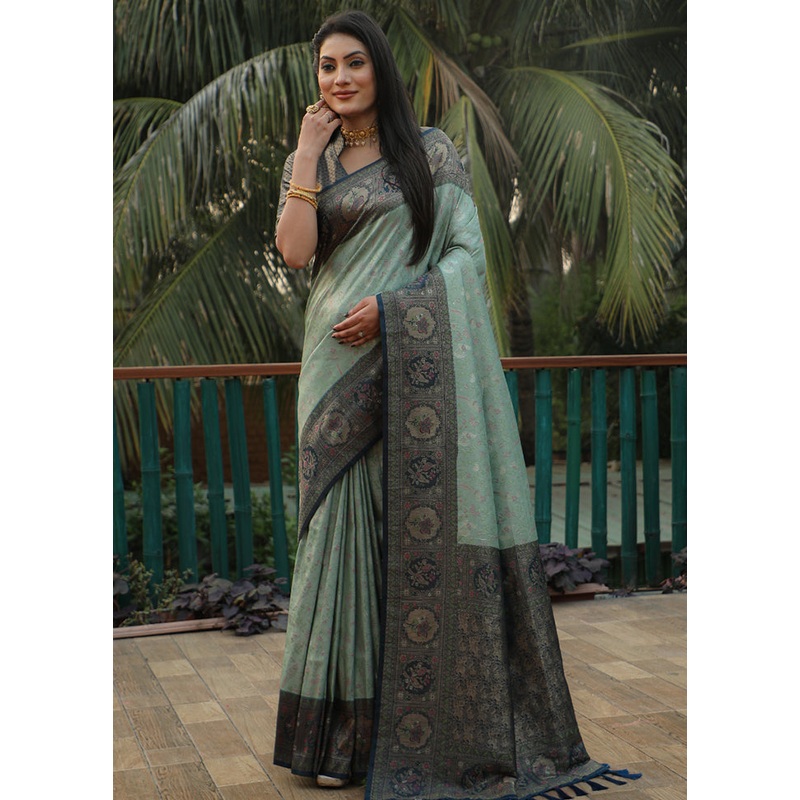 Pista Green Dupion Silk Saree With Blouse Piece - JD986582935
