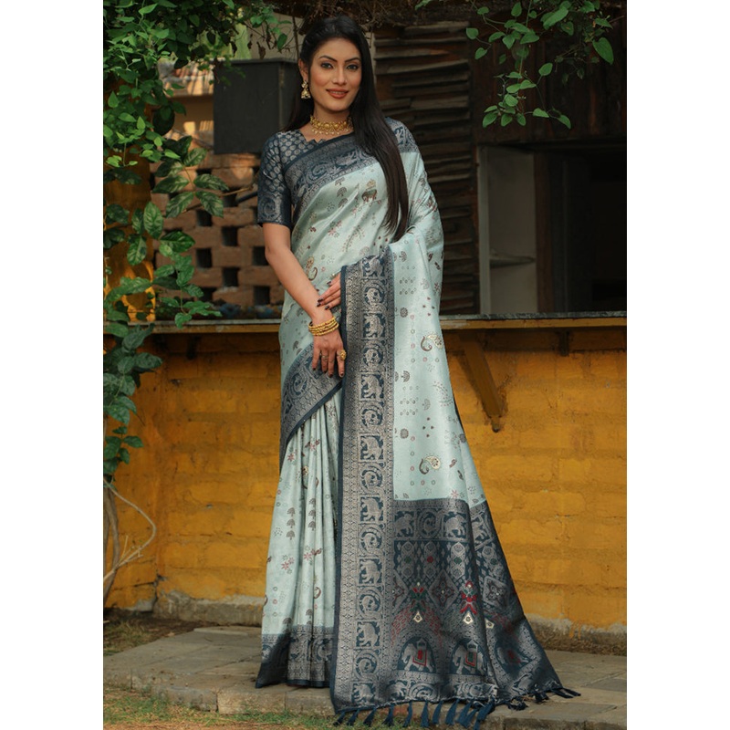 Sky Blue Pure Dupion Silk Saree With Blouse Piece - JD986582931
