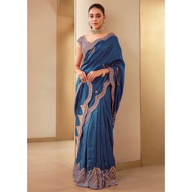 Teal Spun Silk Saree With Blouse Piece - JD986582925