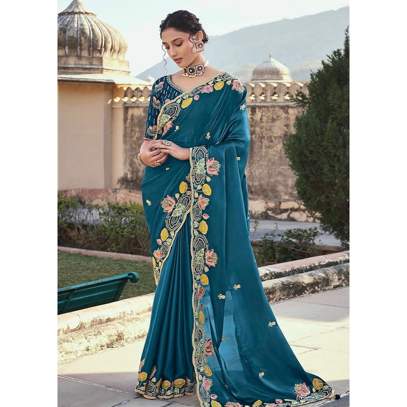 Teal Spun Silk Saree With Blouse Piece - JD986582926
