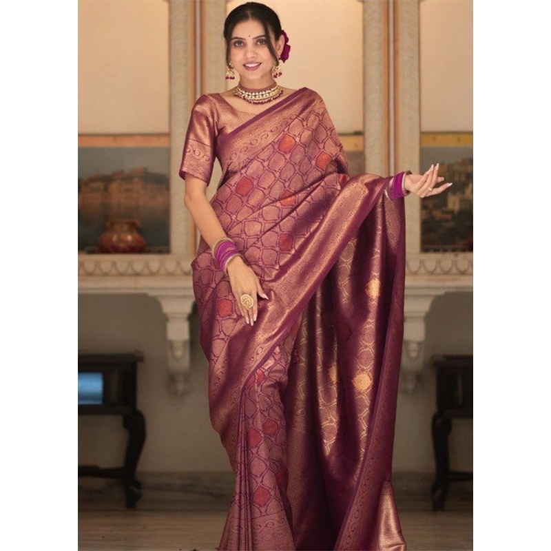 Wine Banarasi Silk Saree With Blouse Piece - JD986582921