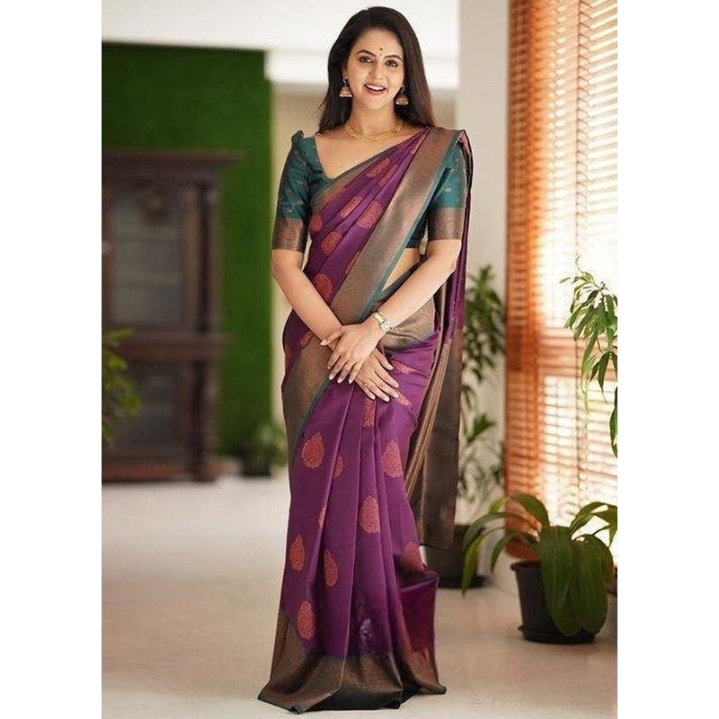 Wine Banarasi Silk Saree With Blouse Piece - JD986582922