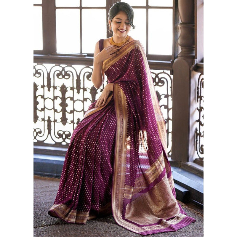 Wine Banarasi Silk Saree With Blouse Piece - JD986582923