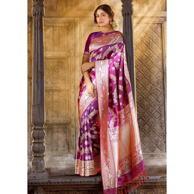 Wine Banarasi Silk Saree With Blouse Piece - JD986582924