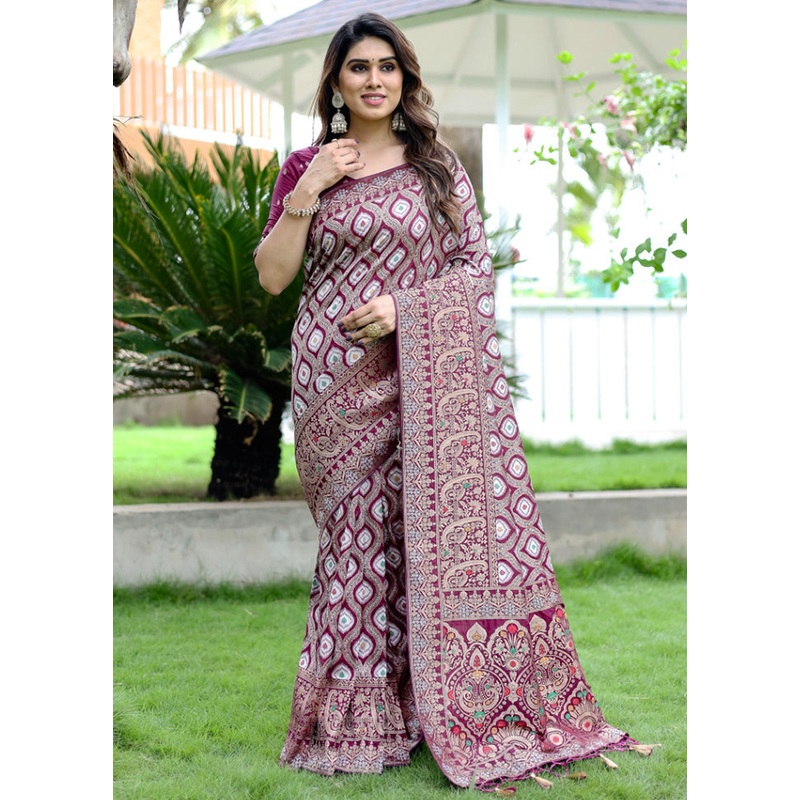 Wine Pure Silk Saree With Blouse Piece - JD986582930