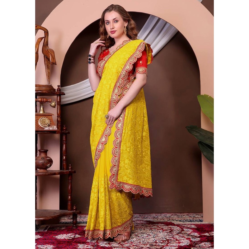 Yellow Georgette Saree With Blouse Piece - JD986582916