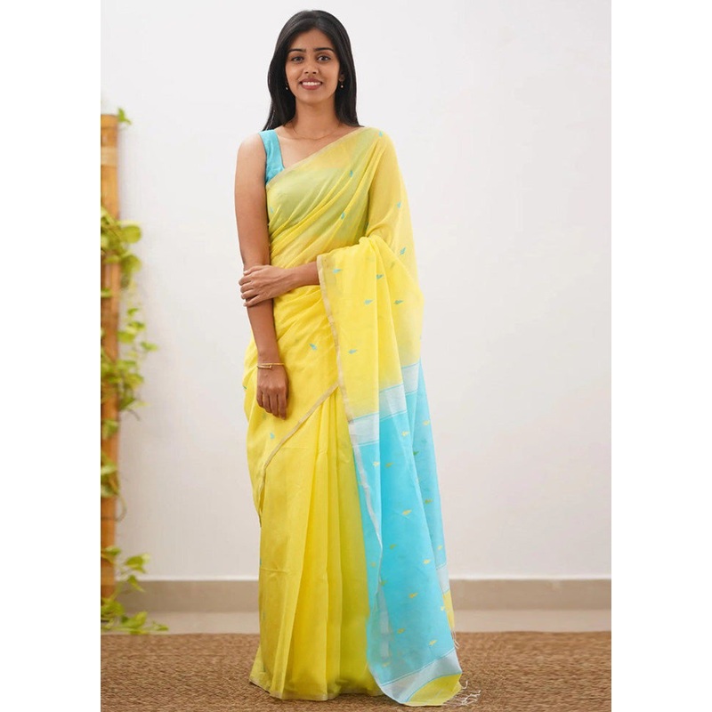 Yellow Linen Silk Saree With Blouse Piece - JD986582915