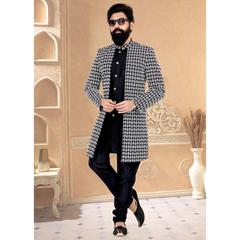 2 Pc Black Cotton Kurta And Pajama Set - JD986582696